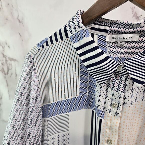Rose And Olive Top Womens 2X Blue White Blouse Button Up Striped Patchwork - Picture 2 of 12